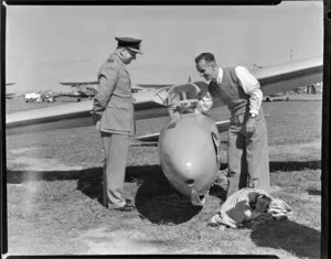 Royal New Zealand Air Command RAC Pageant at Mangere, Chief of Air Staff Neville (left) with A Hardinge and his glider aircraft