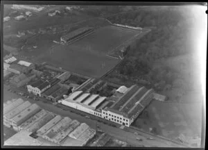 Carlaw Park with a row of factories in front, Parnell, Auckland