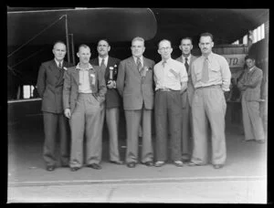 Royal New Zealand Air Force Pageant, Mangere, (from left): Messrs F C MacDonald, F McKeever, J Spencer, Dr H M Buchanan, Johnson, J Beachan and R Prentice