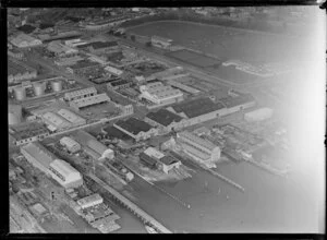 Shipping and industry, with playing fields in the background, Western Viaduct, Auckland