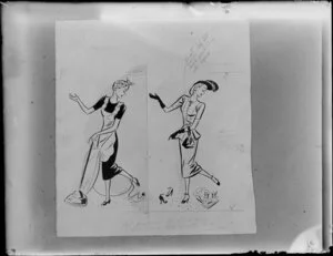 Sketch of a woman vacuuming and then the same woman trying on shoes [sketched by William Haythornthwaite?]