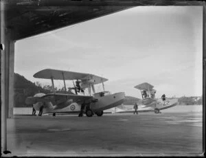 Two Walrus seaplanes on the land, Hobsonville, Royal New Zealand Air Force air sales