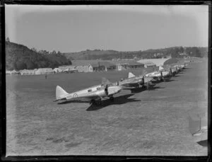 Oxford aircraft lined up, Hobsonville, Royal New Zealand Air Force air sales
