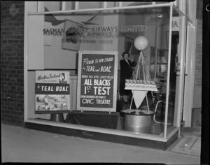 Window display advertising Warner Brothers film of All Blacks' First Test, Tasman Empire Airways Limited booking office, Auckland