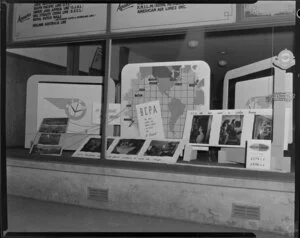 Window display advertising BCPA [British Commonwealth Pacific Airlines] Auckland to London flights, Russell & Somers Ltd