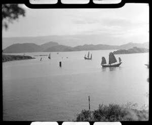 Junk boats at sea between the islands, Hong Kong