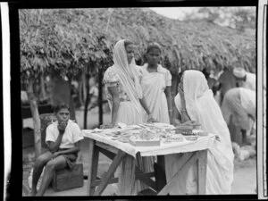 Fijian Indian women selling trinkets at a stall at the market, Ba, Fiji