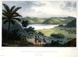 Sainson, Louis Auguste de b. 1801 :Ancienne maison de campagne de Koro-koro ; pres Kahou-wera (Nouvelle Zelande) / De Sainson pinx ; Hostein lith ; fig par V Adam ; lith de [...] - [Paris ; Tastu 1833]