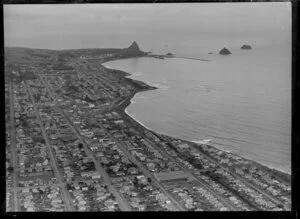 New Plymouth, including coastline, looking towards Paritutu and Sugar Loaf Islands