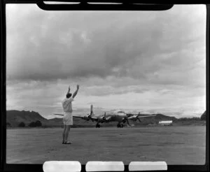 British Commonwealth Pacific Airlines DC6 aircraft arriving at Nadi airport, Fiji