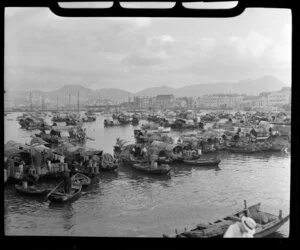 Sampans or Chinese fishing boats lined up in Hong Kong