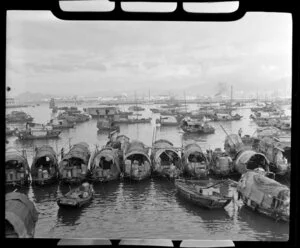 Sampans or Chinese fishing boats lined up in Hong Kong