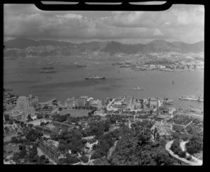 View of Hong Kong city and harbour, with Central District at left, Murray Barracks and Victoria Barracks at right