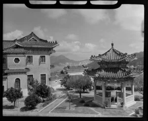 A Chinese pagoda and building, unidentified location, Hong Kong