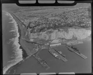 Napier Port, Hawkes Bay Region, featuring the cliffs of Hospital Hill, the breakwater, and the coast towards Cape Kidnappers