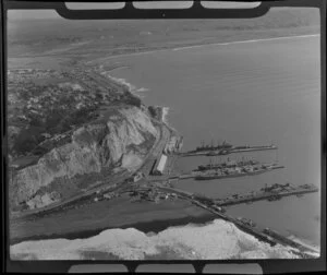 Coastal view of Napier, Hawkes Bay Region, featuring Napier Port and breakwater and Hospital Hill, and with Ahuriri Estuary in the background
