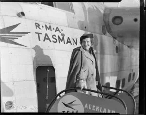 French soprano, Marie Vallin, arrives on a Tasman Empire Airways Limited Short Solent ZK-AMO RMA Aranui flying boat [Mechanics Bay Auckland?]