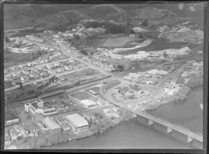 Huntly, Waikato Region, including railway station and yards and traffic bridge over Waikato River