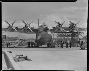 TEAL(Tasman Empire Airway Limited) staff, servicing a Solent flying boat, Mechanics Bay, Auckland