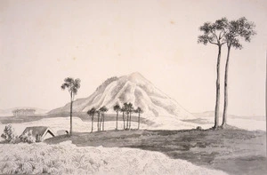 Merrett, Joseph Jenner, 1816?-1854 :[The Hobson album]. View of Koka Puka from Waipa and Otawau. [Between 1841 and 1843?]