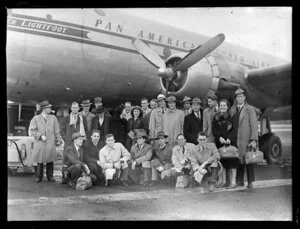 Arrival of members of the Mormon Church on the Pan American World Airways Clipper Lightfoot, Whenuapai Airport
