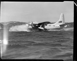 Tasman Empire Airways Limited Short S.45 Solent flying boat, R.M.A Araragi (ZK-AMM), taking off from Evans Bay, Wellington