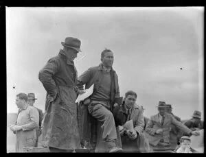 Group of men at the aerial topdressing at Onewhero, including Mr Pearce and Mr Cuss