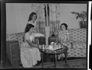 Unidentified women drinking tea in the sitting room of the Northern Hotels, Fiji