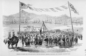Photograph of an engraving depicting the ceremony of laying the foundation stone for the new Houses of Assembly, Wellington