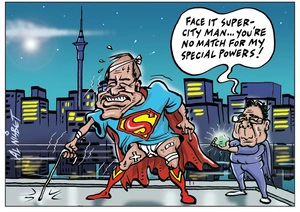 Nisbet, Alistair, 1958- :"Face it Supercity Man... you're no match for my special powers!" 15 September 2011