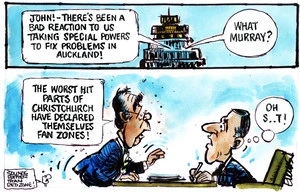 Evans, Malcolm Paul, 1945- :"John! - there's been a bad reaction to us taking special powers to fix problems in Auckland!" 14 September 2011
