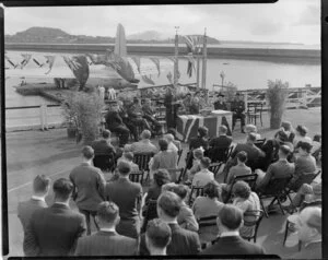 Opening ceremony for the first passenger flight of the Tasman Empire Airways Ltd Short Solent flying boat RMA Ararangi ZK-AMM, Auckland to Sydney