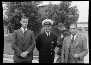 Three personnel from Tasman Empire Airways Ltd Short Solent flying boat in Sydney, two identified as R Campbell and E Mullons