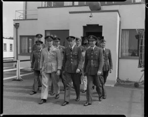 Men from the Air Force Reserve marching, Mechanics Bay, Auckland