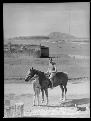Unidentified man and boy with horse and dog, Norfolk Island