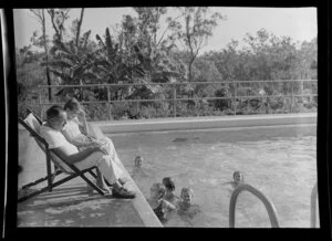 Qantas Empire Airways, children in the swimming pool at Berrimah, Darwin, Australia