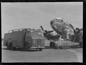 British Petroleum truck refueling an aircraft, Whenuapai