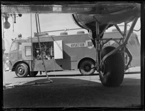 British Petroleum truck refueling an aircraft, Whenuapai