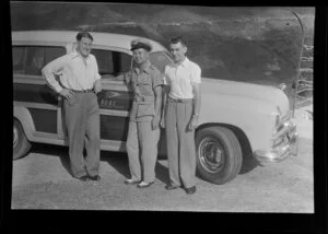 British Overseas Airways Corporation station wagon with R Sayers, an unidentified Chinese driver and Leo Lemuel White (left to right), Hong Kong