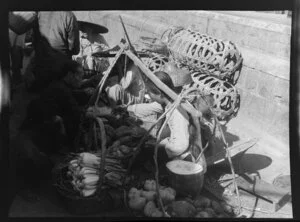 Market scene, Aberdeen Harbour area, featuring woman selling vegetables