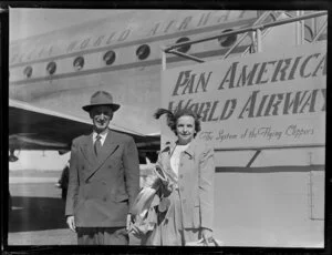 Unidentified man arriving on Pan American World Airways (PAWA), Whenuapai