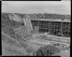 Part one of a three part panorama of Mt Albert Reservoir, Auckland, which is under construction by Williamson Construction Company