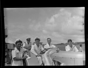 Qantas Empire Airways engineering staff, from left are A O'Neil, L Bridges, B Lodge, Mr [Purvis?], Mr Hocking, Tengah Airport, Singapore