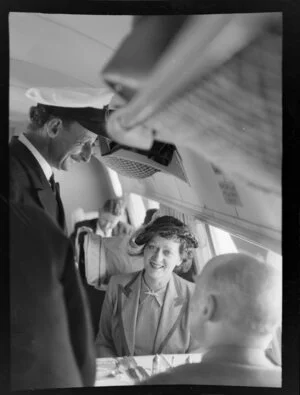 Captain Griffiths and Mrs Willoh on board the Tasman Empire Airways Ltd Short Solent flying boat, Sydney to Auckland flight