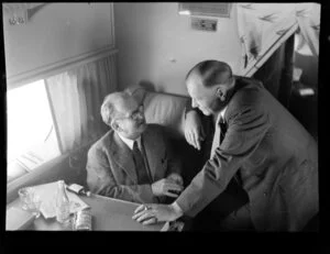 G Utting (left) on board the Tasman Empire Airways Ltd Short Solent flying boat, Sydney to Auckland flight