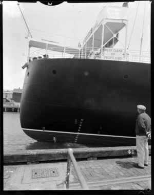 Stern view of passenger ship, Remuera, at Wellington wharves