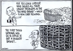 "For too long, Labour has shoved all their urgent problems in the 'Too hard basket' - which is now overflowing... The first thing I will do in office is get a bigger basket..." 27 June, 2008