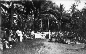 Banaba Islanders performing a dance in front of visitors, at Banaba, Kiribati