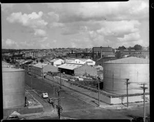 Docks area, showing fuel tanks, Auckland