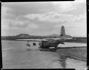 Tasman Empire Airways Ltd, Short Sandringham flying boat, RMA Auckland, ZK-AMH, taking off, Mechanics Bay, Auckland